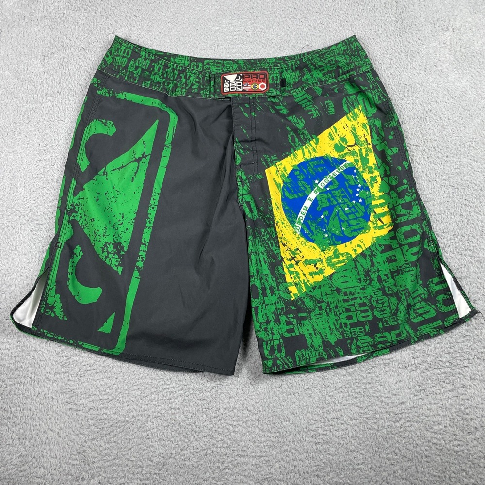 Bad Boy Pro Series Board Shorts Mens 38 XXL Black Green Brazil MMA Fight Trunks